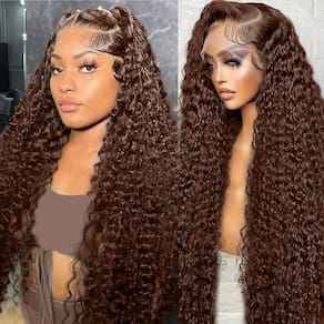 Peruca frontal de renda DaXundi Chocolate Brown Deep Wave 60cm