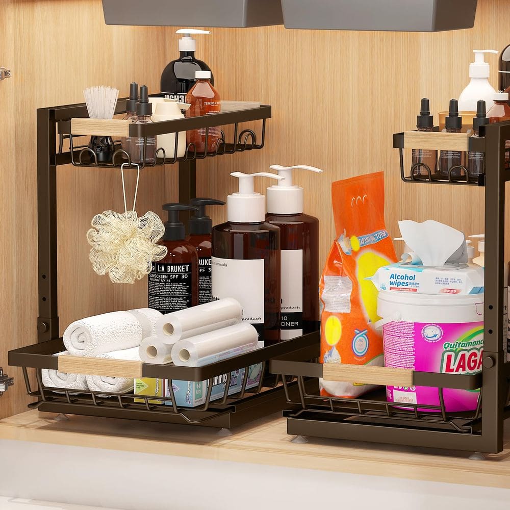 Organizador Under Sink Sevenblue High Adjustable, 2 camadas, marrom