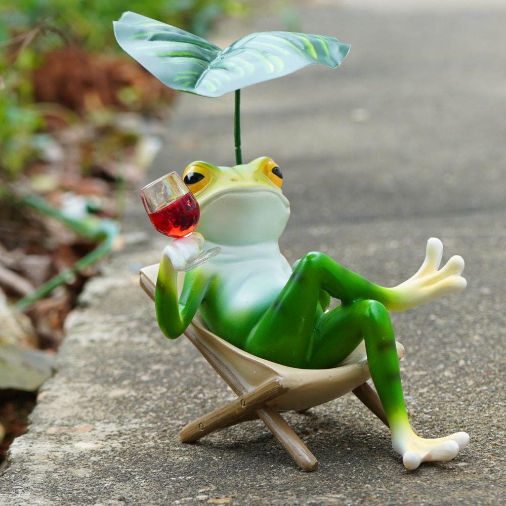Estátua de sapo Owell Chill Frog com vinho para decoração de jardim de 10 cm