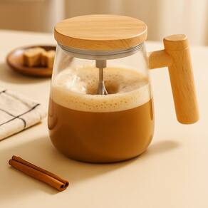 Caneca Elétrica Mixer USB de Vidro Borossilicato 400ml com Cabo de Madeira – Ideal para Café, Chá e Bebidas Quentes