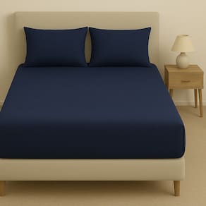 Kit De Lençol Malha Sofee e Par De Fronha 100% Algodão King 193x203cm - Azul Escuro