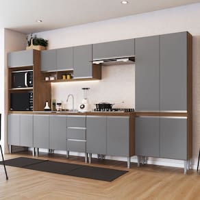 Armário de Cozinha Thalia 15 Portas 3 Gavetas Freijó/Cinza - Pnr Móveis