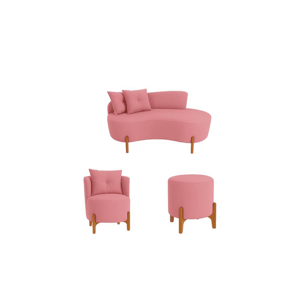 Kit Decorativo Sofá Curvo Orgânico + 01 Puff e Poltrona Luna Veludo Rosa - Montanaris Decor