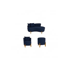 Kit Decorativo Sofá Curvo Orgânico + 01 Puff e Poltrona Luna Veludo Azul Marinho - Montanaris Decor