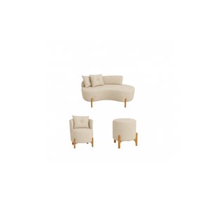 Kit Decorativo Sofá Curvo Orgânico + 01 Puff e Poltrona Luna Boucle Bege - Montanaris Decor