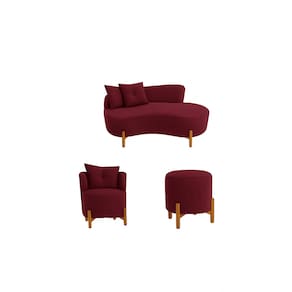 Kit Decorativo Sofá Curvo Orgânico + 01 Puff e Poltrona Luna Veludo Bordô - Montanaris Decor