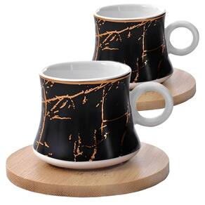 Jogo de Xícaras Preta Norway para Café com Pires em Porcelana e Bambu 80ML - 4 Peças