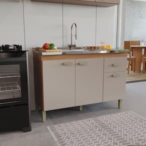Balcão Modulado Para Cozinha Sem Tampo Fidelitá Mariana 120cm 3 Portas 1 Gaveta Freijó/Camurça