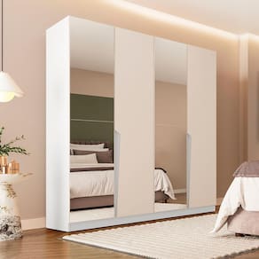 Guarda-Roupa Casal com Espelho Porto 4 Portas 4 Gavetas Branco e Creme