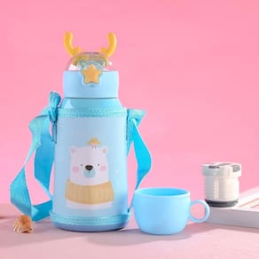 Garrafa Térmica Infantil 500ml Azul com Canudo e Bolsa