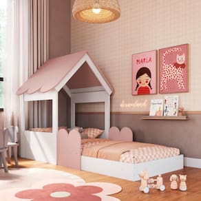 Cama Infantil Montessoriana Casinha Branca e Rosa Completa