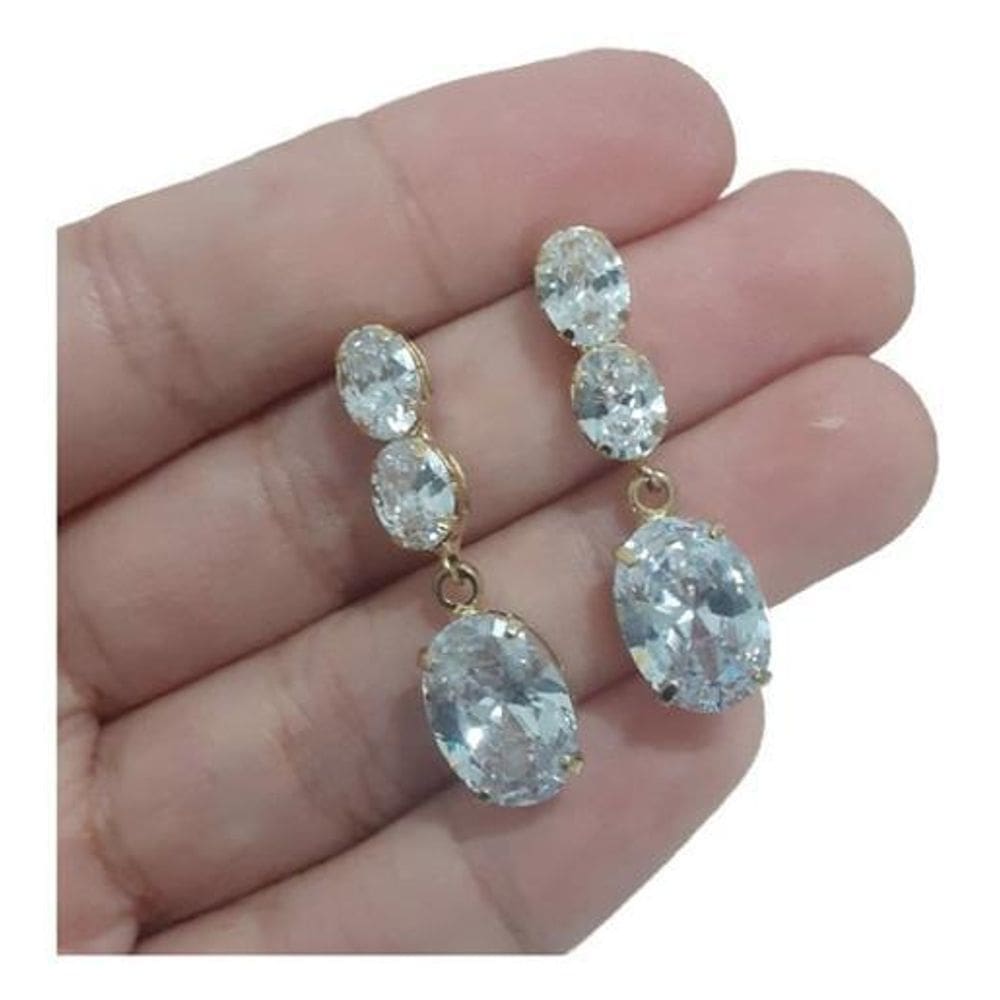 Brinco Noiva Dourado Zirconia Pendurado Festa Debutante Luxo