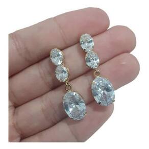 Brinco Noiva Dourado Zirconia Pendurado Festa Debutante Luxo