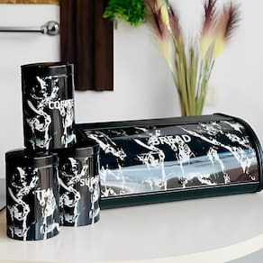 Kit Porta Pão com 3 Lata Café, Açucar e Tea em Metal Galvanizado Preto - 4 Peças