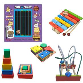 Kit 4 Brinquedos Pedagógicos Em Madeira + Livro + Canetinhas