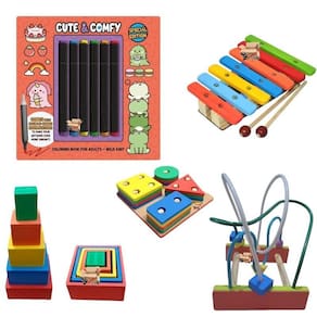 Kit 4 Brinquedos Pedagógicos Em Madeira + Livro + Canetinhas