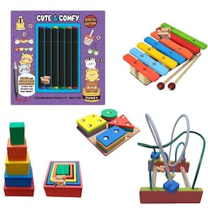 Kit 4 Brinquedos Pedagógicos Em Madeira + Livro + Canetinhas
