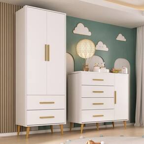 Quarto Infantil com Guarda-Roupa 2 Portas 2 Gavetas com Cômoda Magia Espresso Móveis Branco