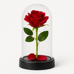 Enfeite Cúpula de Vidro Rosa Permanente 15CM Mini Base de Plástico Com Led Fio de Fada