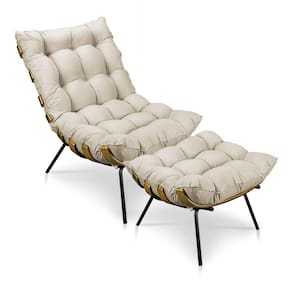 Kit Poltrona Costela Com Puff Para Sala Suede Nude