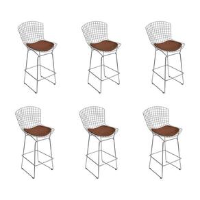 Kit 6 Banquetas Bistrô Bertoia Cromada D80 Com Assento Sintético Marrom Cor Cinza