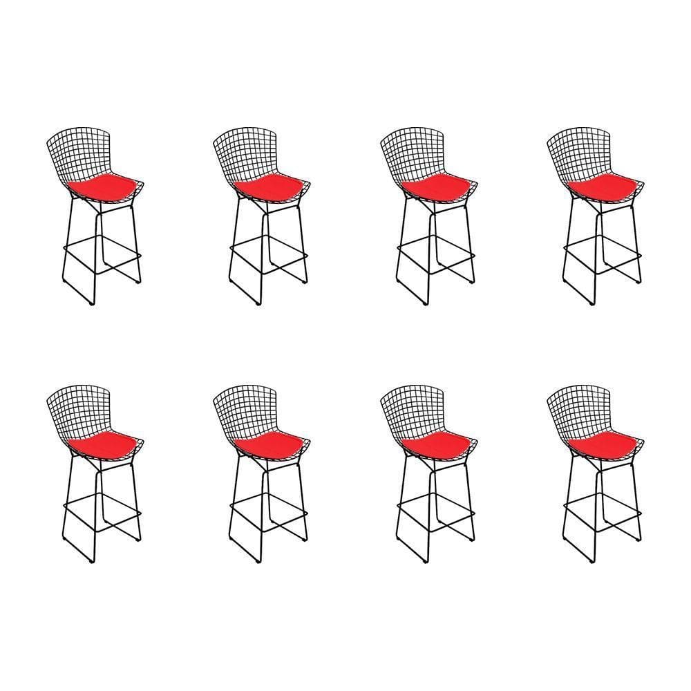 Kit 8 Banquetas Bistrô Bertoia Preta D70 Com Assento Vermelho Cor Preto