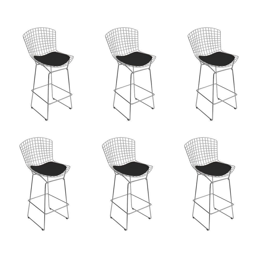 Kit 6 Banquetas Alta Bistrô Bertoia Cromada D70 Com Assento Sintético Preto Cor Preto