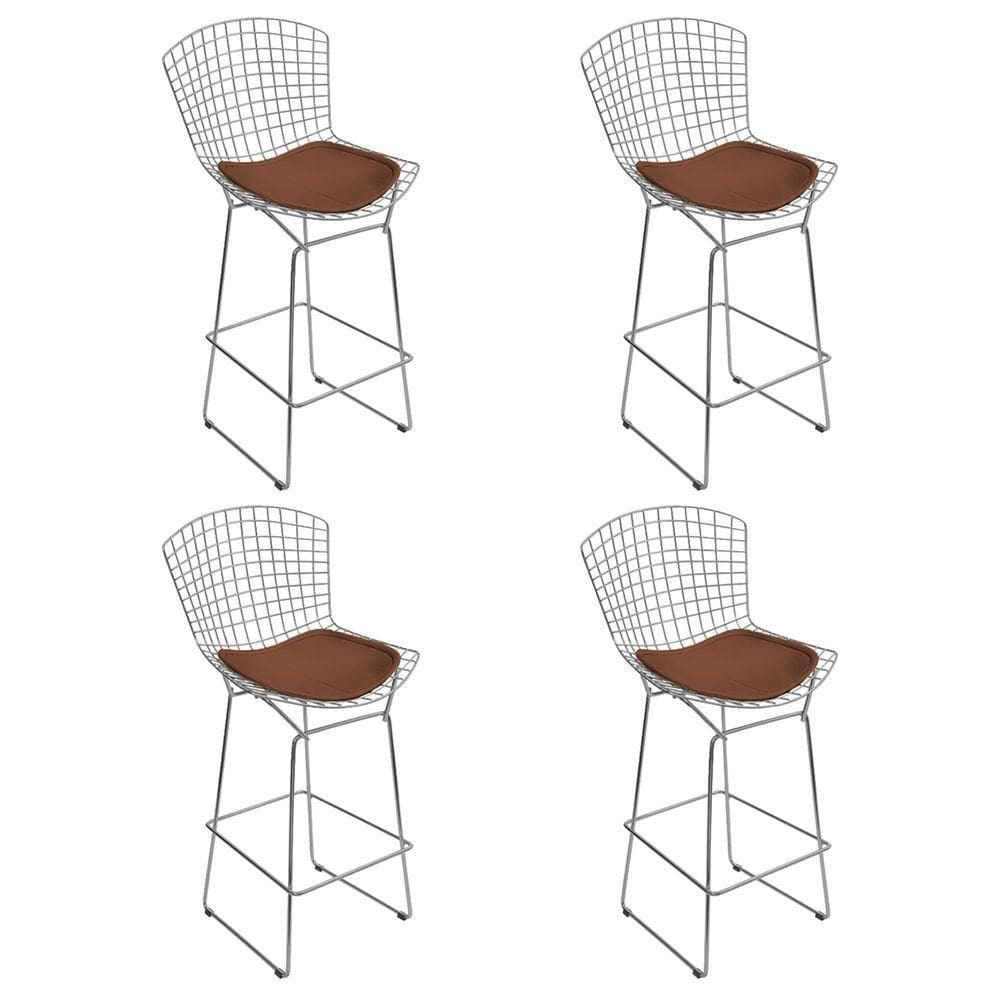 Kit 4 Banquetas Bistrô Bertoia Cromada D60 Com Assento Sintético Marrom Cor Cinza