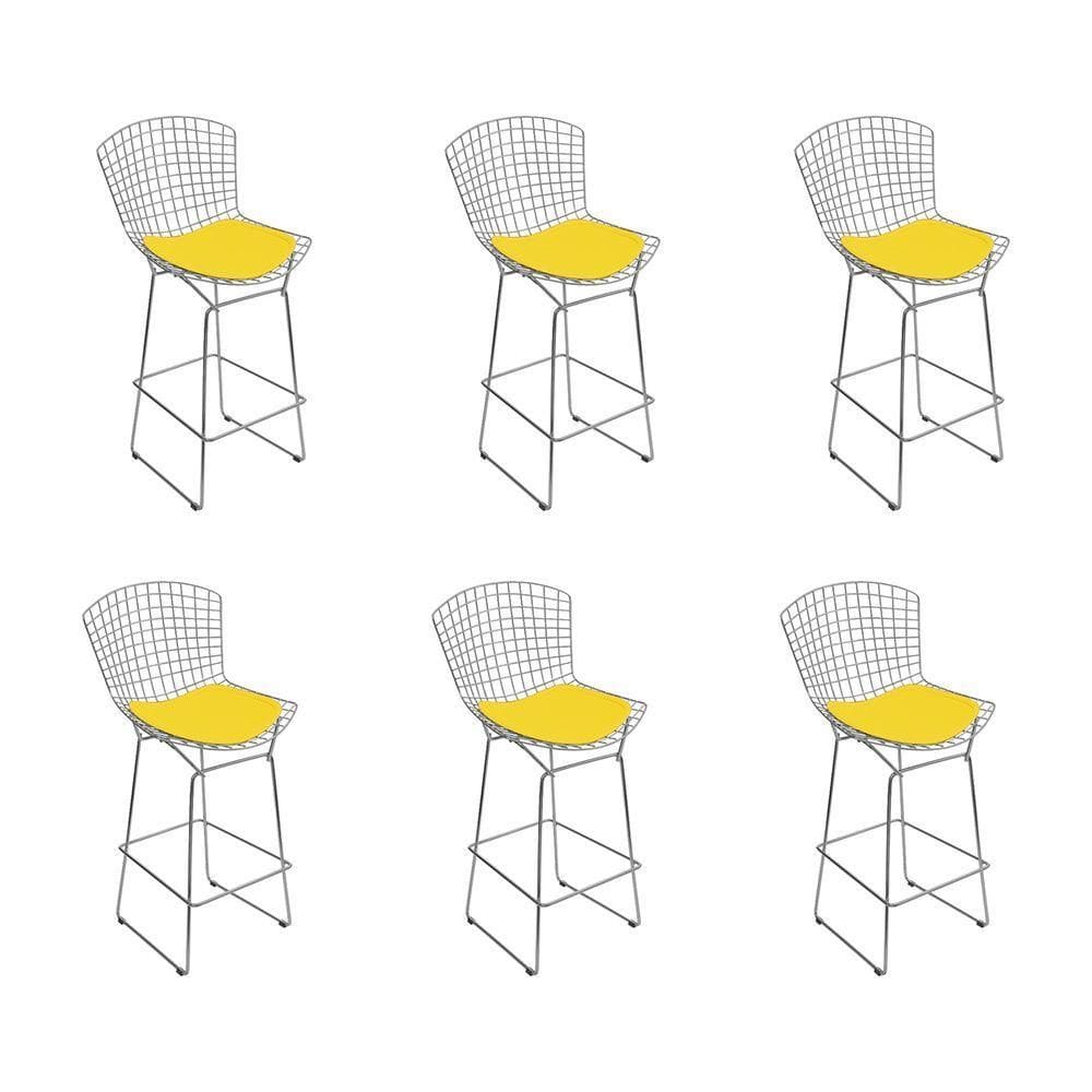Kit 6 Banquetas Bistrô Bertoia Cromada D70 Com Assento Sintético Amarelo Cor Cinza