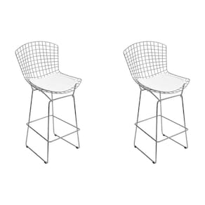 Kit 2 Banquetas Bertoia Cromada D80 Com Assento Sintético Branco Cor Branco