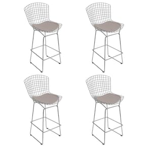 Kit 4 Banquetas Bistrô Bertoia Cromada D60 Com Assento Sintético Bege Cor Cinza