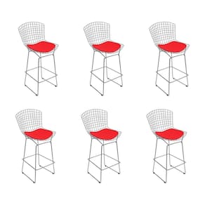 Kit 6 Banquetas Bistrô Bertoia Cromada D80 Com Assento Sintético Vermelho Cor Cinza