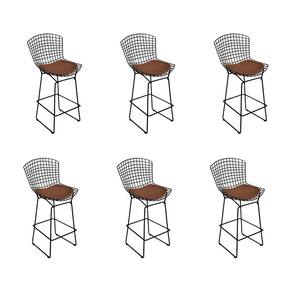 Kit 6 Banquetas Bistrô Bertoia Preta D60 Com Assento Marrom Cor Preto