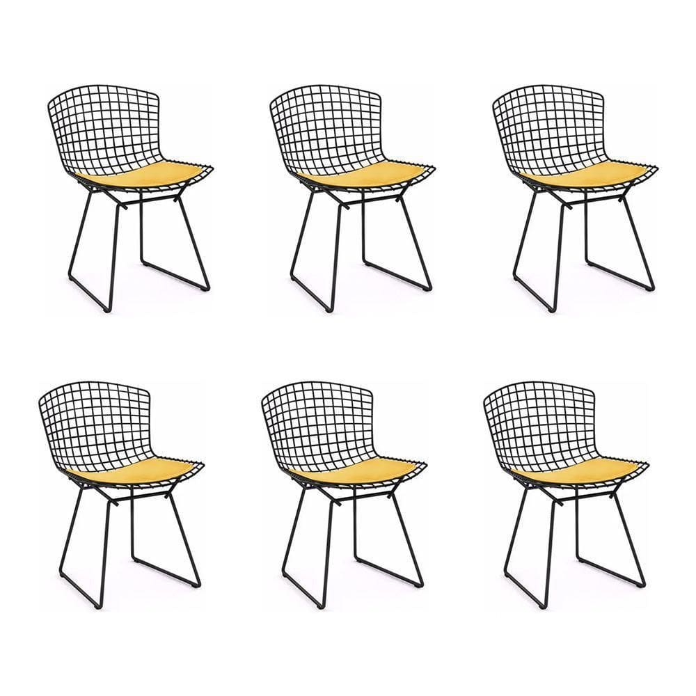 Kit 6 Cadeiras Bertoia Preta Com Assento Amarelo Cor Preto