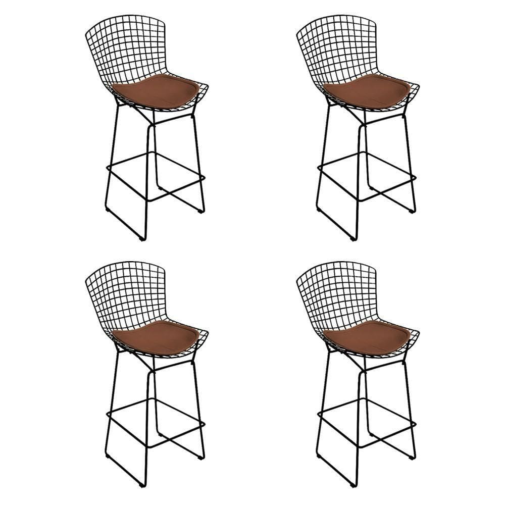 Kit 4 Banquetas Bistrô Bertoia Preta D70 Com Assento Marrom Cor Preto
