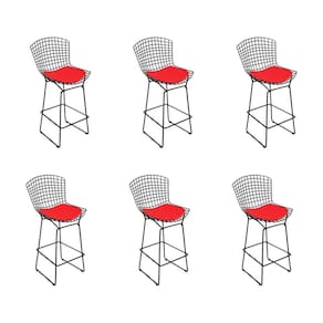 Kit 6 Banquetas Bistrô Bertoia Preta D80 Com Assento Vermelho Cor Preto
