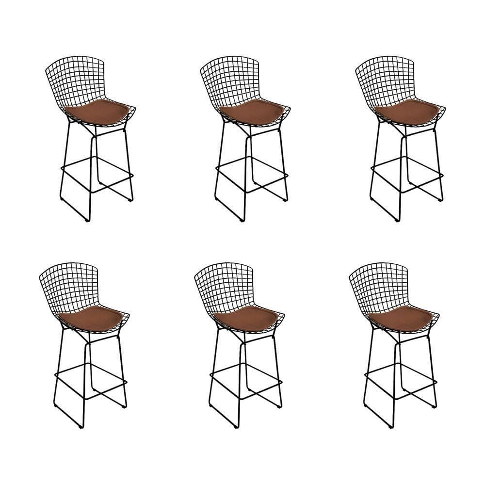 Kit 6 Banquetas Alta Bistrô Bertoia Preta D80 Com Assento Marrom Cor Marrom
