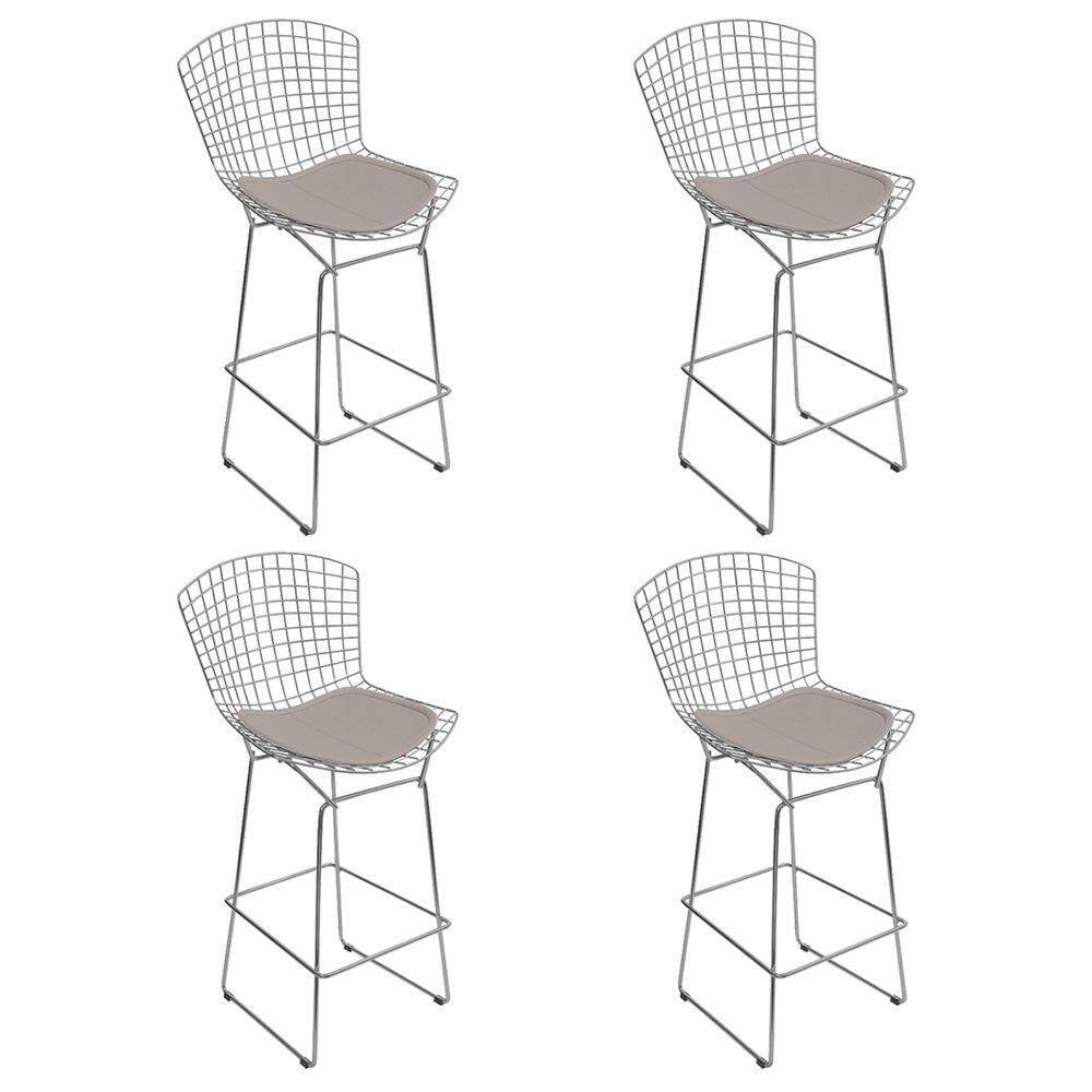 Kit 4 Banquetas Bistrô Bertoia Cromada D70 Com Assento Sintético Bege Cor Cinza
