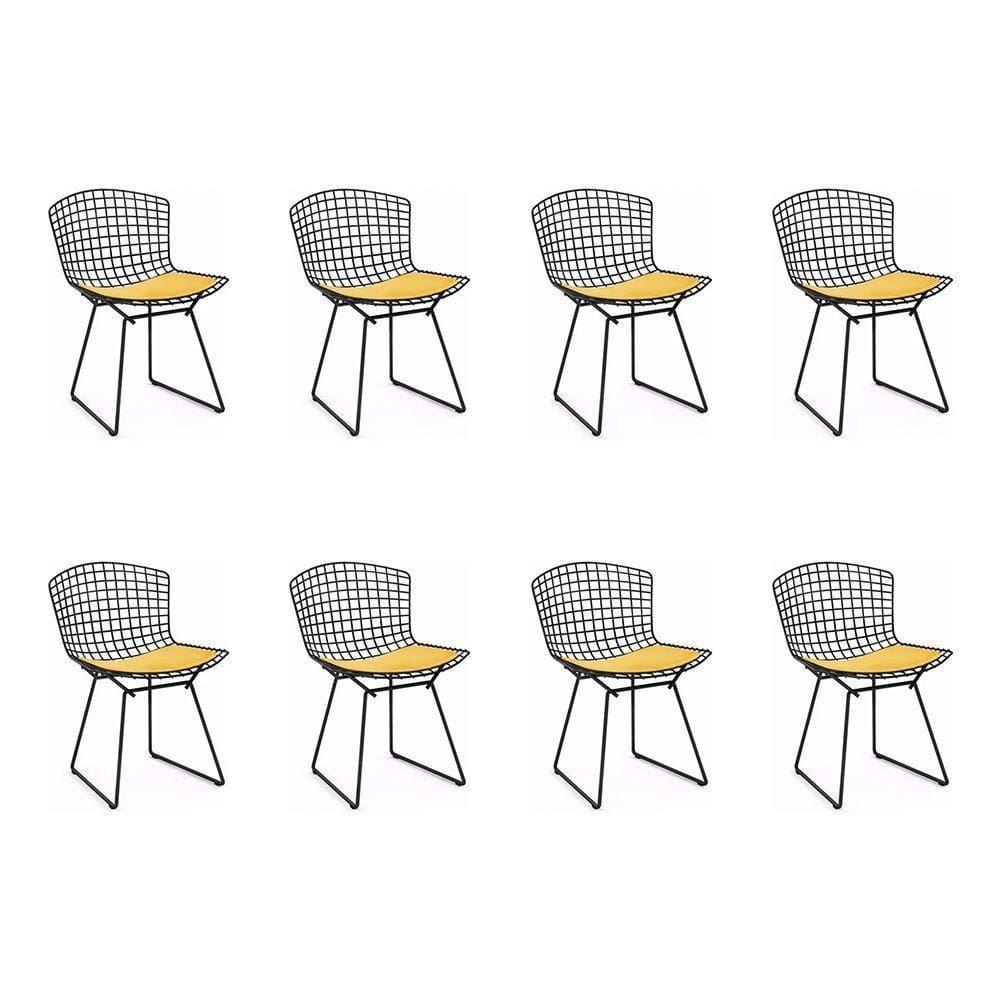 Kit 8 Cadeiras Bertoia Preta Com Assento Amarelo Cor Preto