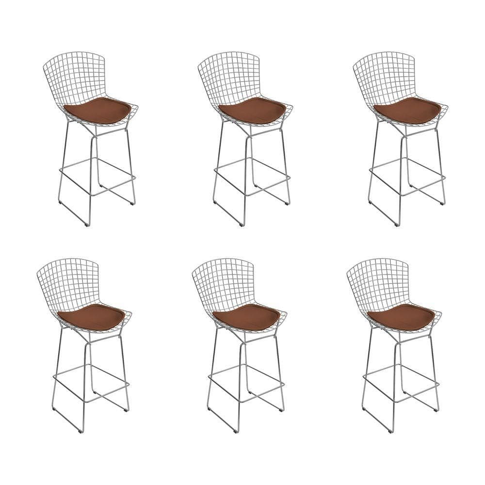 Kit 6 Banquetas Bistrô Bertoia Cromada D60 Com Assento Sintético Marrom Cor Cinza