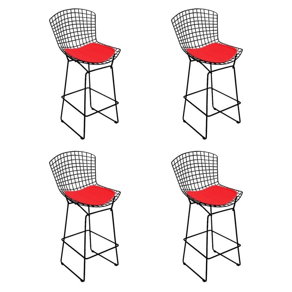 Kit 4 Banquetas Bistrô Bertoia Preta D60 Com Assento Vermelho Cor Preto