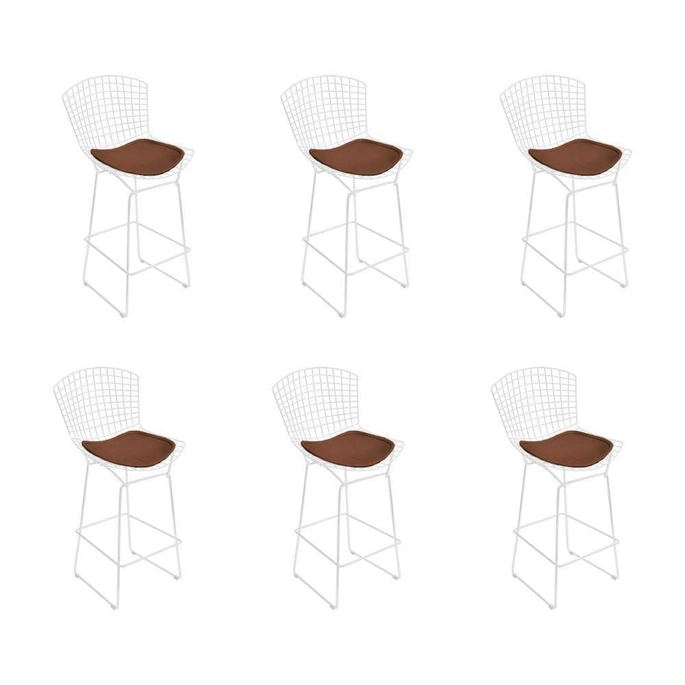 Kit 6 Banquetas Bistrô Bertoia Branca D60 Com Assento Marrom Cor Branco