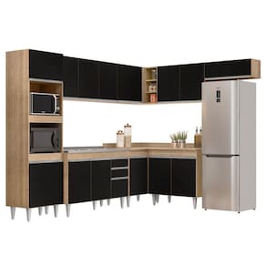 Armário De Cozinha Modulada De Canto 8 Peças Cp03 Balcão Com Pia Inox Castanho/preto - Lumil