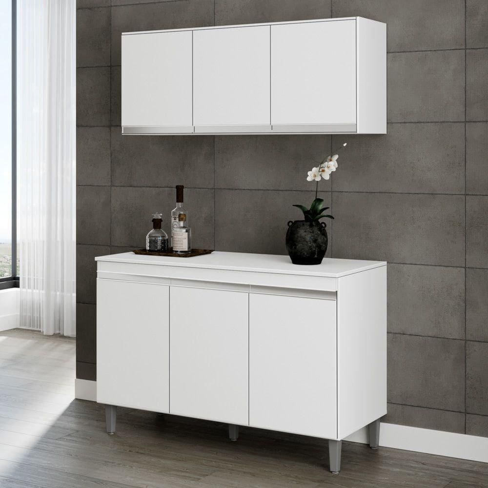 Armário Aéreo E Balcão Gabinete Manu 120cm 3 Portas Branco