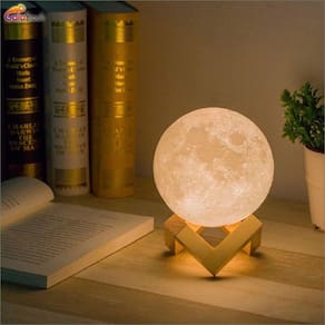 Luminária Lua Cheia 3d Tamanho 15 Cm 4 Cores Com Suporte Em Madeira
