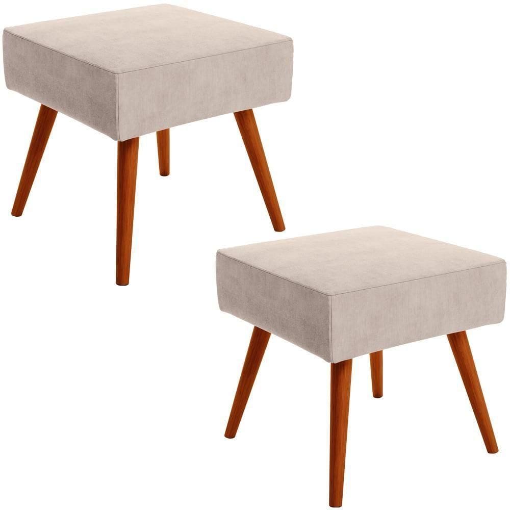 Kit 02 Puffs Banqueta Decorativa Com Pés Palito Suede Bege