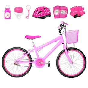 Bicicleta Infantil Feminina Aro 20+Kit Proteção Rosa e Pink
