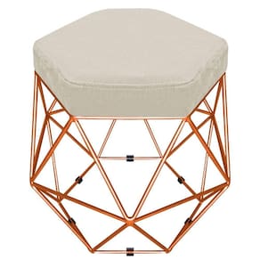 Puff Banco Aramado Hexagonal Base Eiffel Bronze Suede Bege