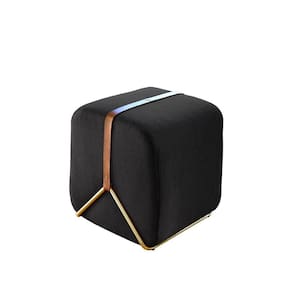 Puff Decorativo Slim Base Cromada Ouro E Linho tramado Preto
