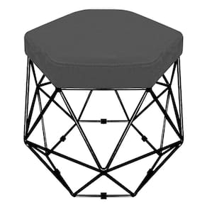 Puff Banco Aramado Hexagonal Base Eiffel Preta Suede Cinza